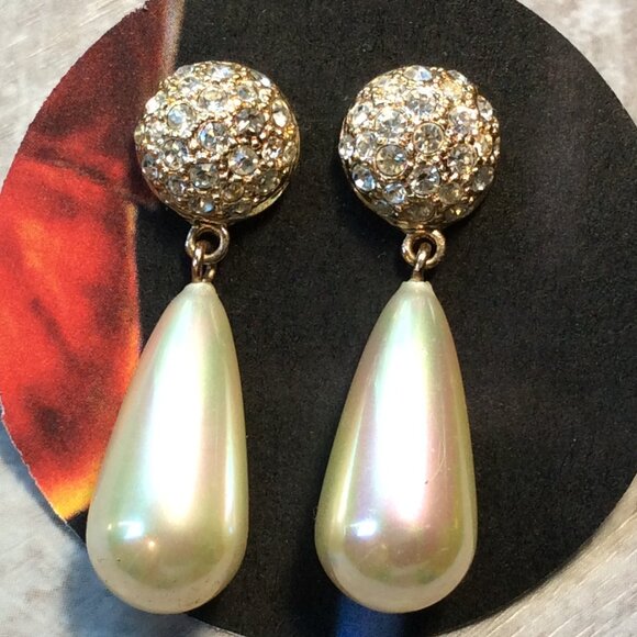 80s Earring Gold Rhinestone Lg Pearl Teardrop Glam Elegance #VintageLux #80sGlam - Picture 1 of 2